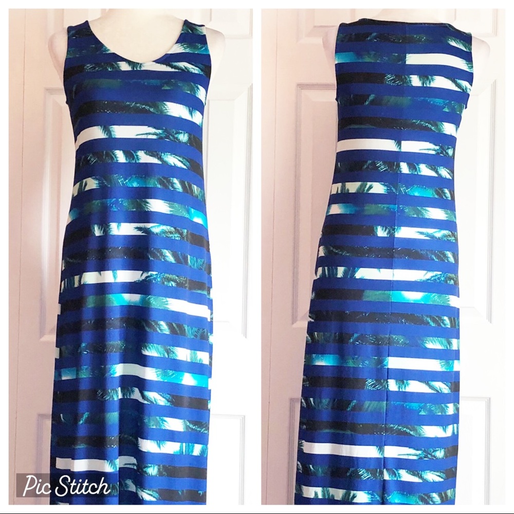 Apt 9 Tropical Beach Palm Tree Stripe Stretch Summer Maxi Dress Small